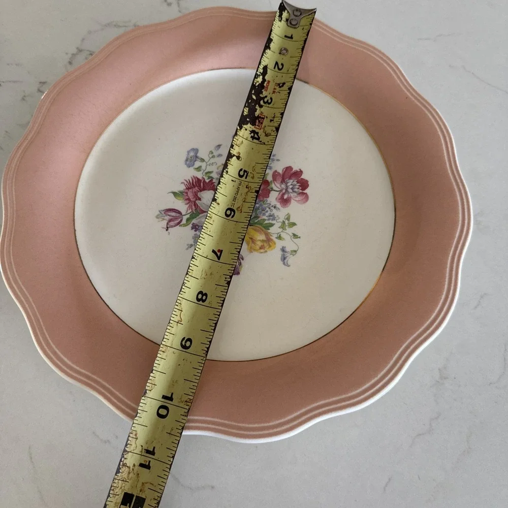 Vintage French Saxon‎ Scalloped Plate China 22kt Gold Floral Pale Pink 10 Inch